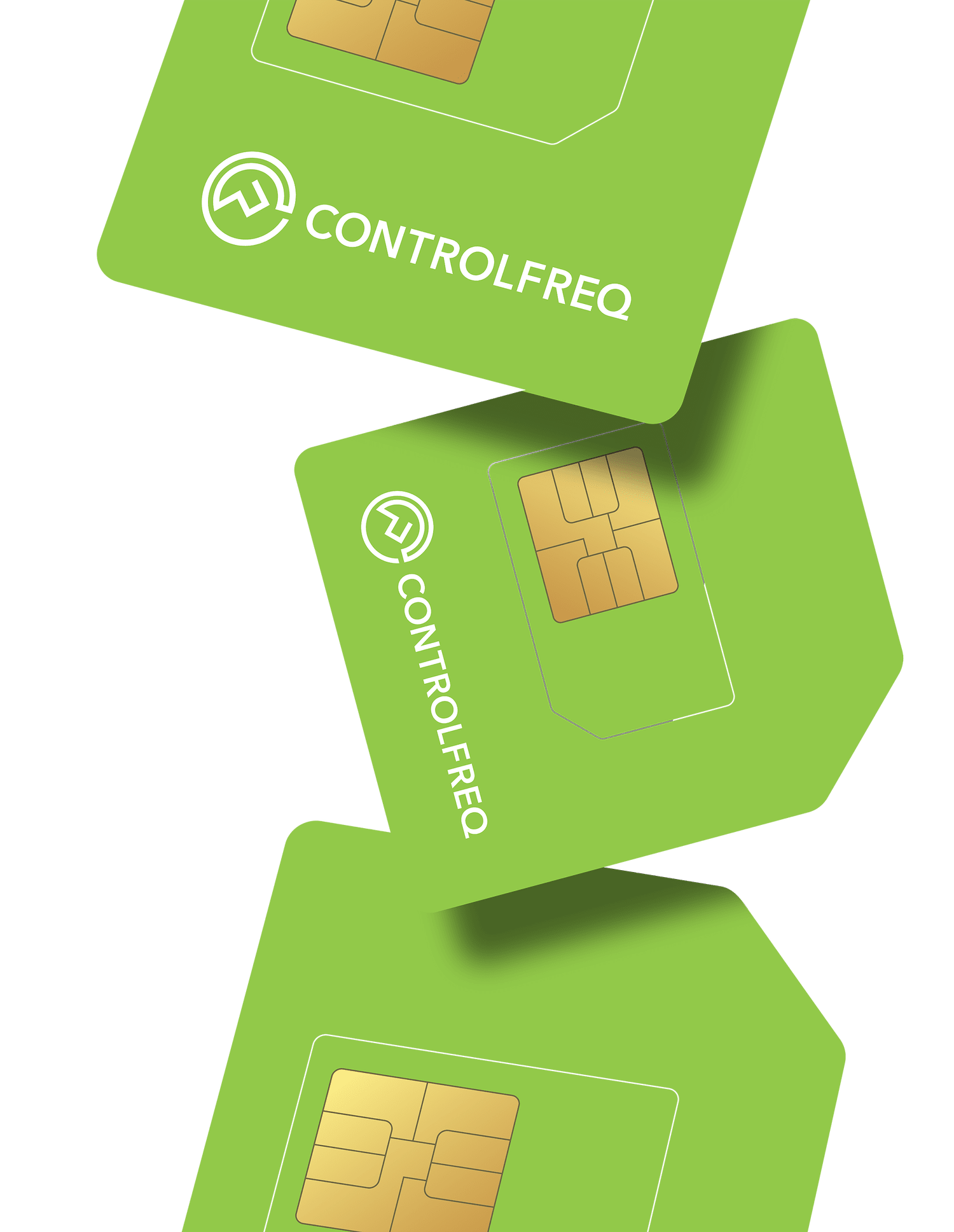Close-up of two green SIM cards with gold contact areas and the word 'CONTROLFREQ' printed on them.