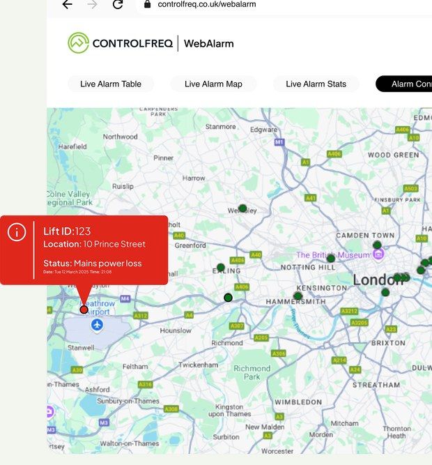 WebAlarm live map with a lift power-loss alert