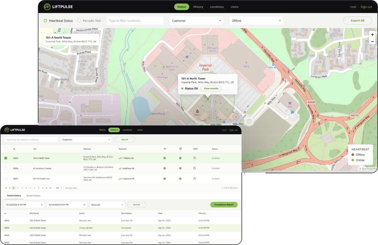 LiftPulse platform status map and event history screens